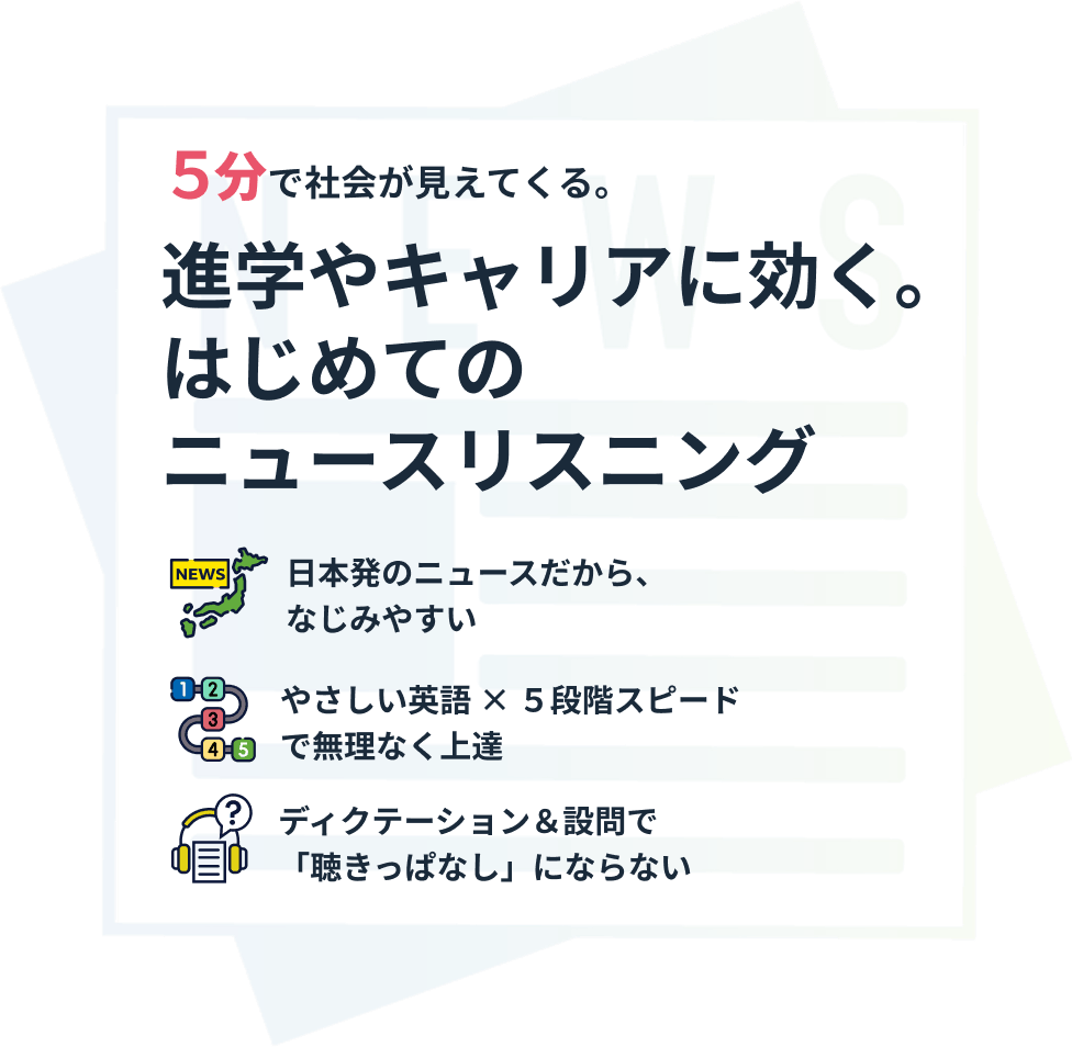 ５分で社会が見えてくる。進学やキャリアに効くはじめてのニュースリスニング。日本発のニュースだから、なじみやすい。やさしい英語×５段階スピードで無理なく上達。ディクテーション＆設問で「聴きっぱなし」にならない。